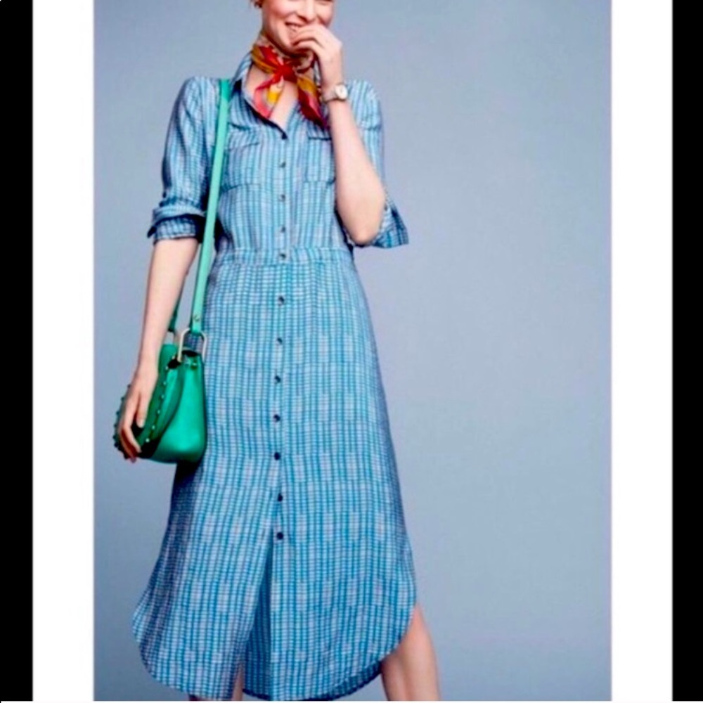 Anthropologie Maeve Turquoise Button Up Shirt Dress Size 14